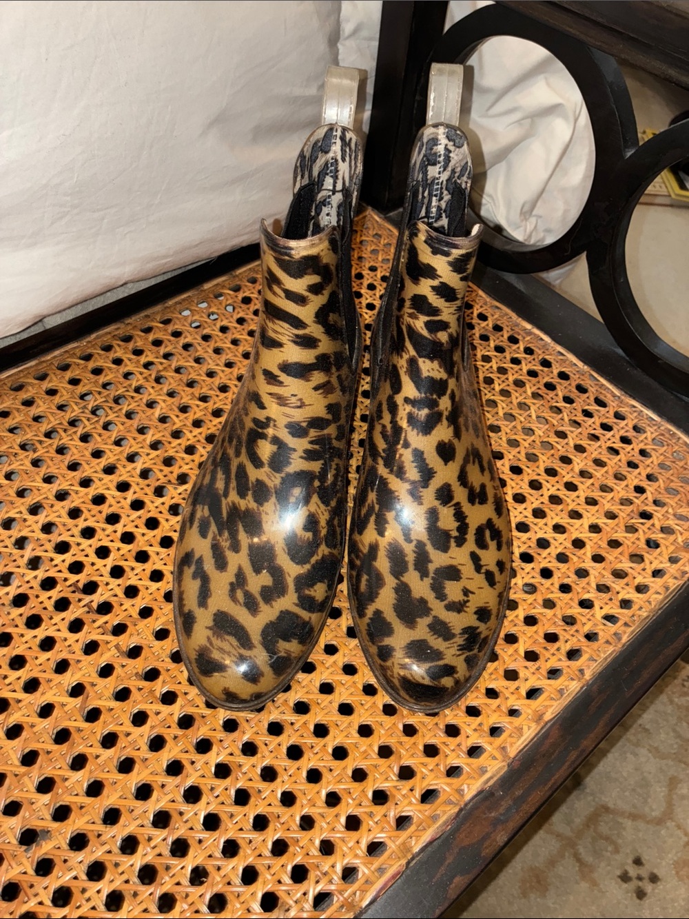 J. Crew Leopard-Print Glossy Tan and Black Chelsea Rain Booties